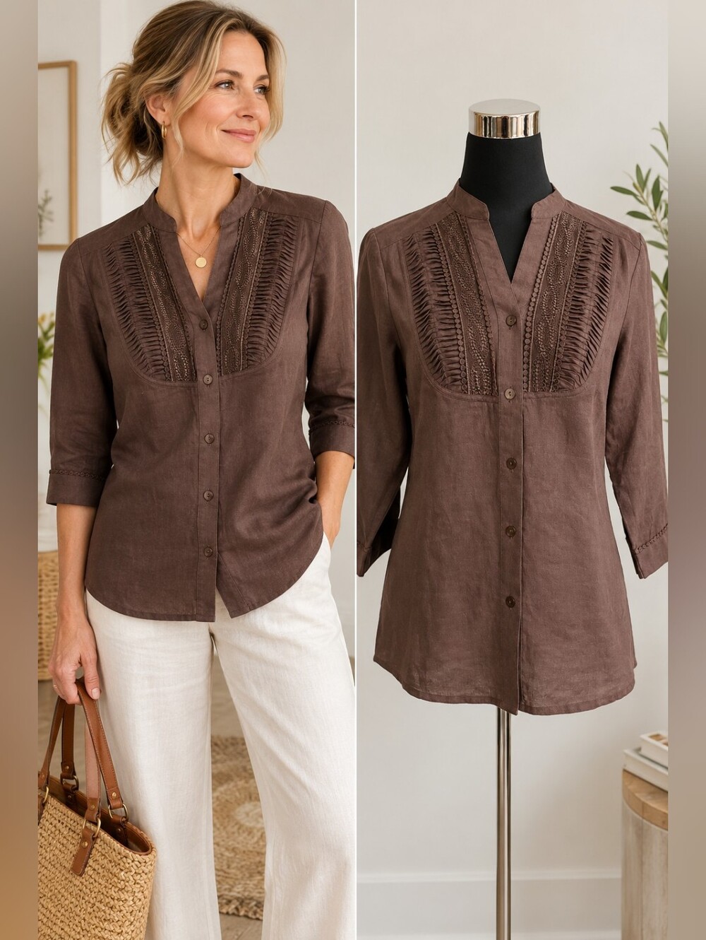 Contemporaine P. Linen Blouse M | Embroidered Detail | Mandarin Collar | Brown